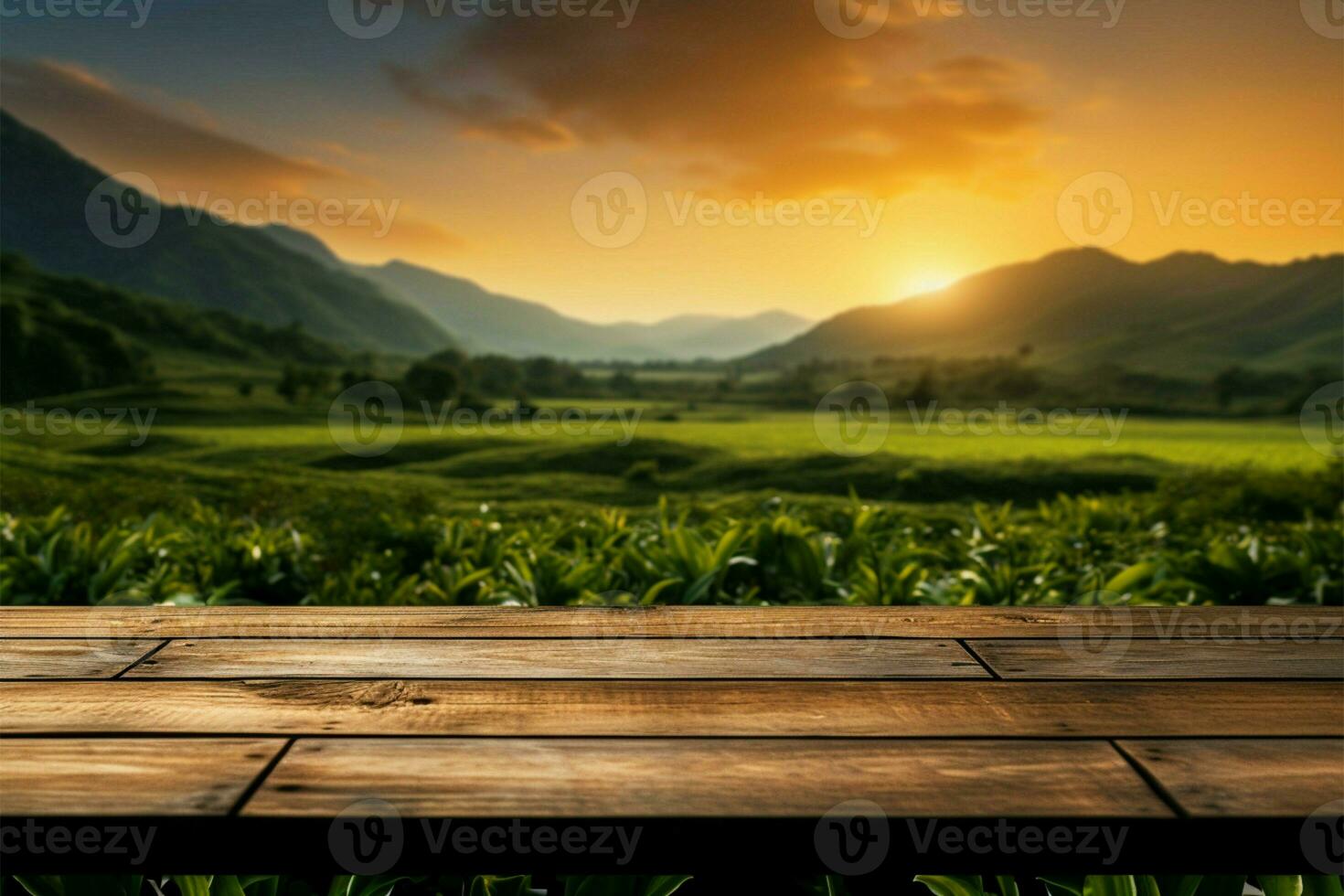 Sunset glow over tea plantation seen through a wooden floor AI Generated photo