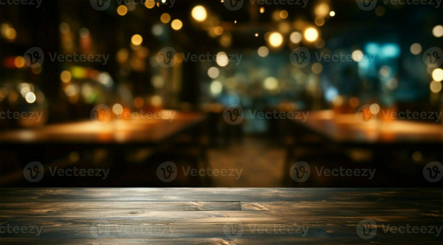 versátil burlarse de arriba espacio oscuro de madera mesa en contra restaurantes bokeh fondo ai generado foto