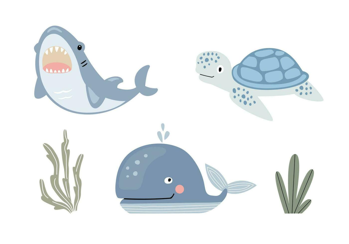 Set of cute cartoon sea animals. Vector illustration on white background.