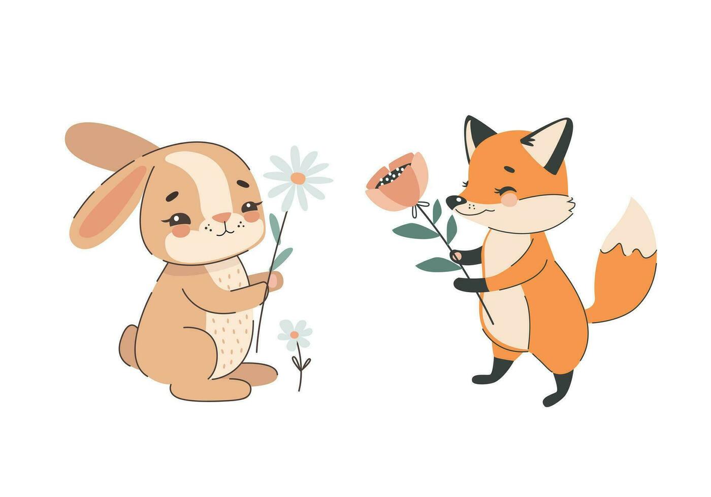 cartoon characters fox and hare with flowers. Vector illustration on a white background.