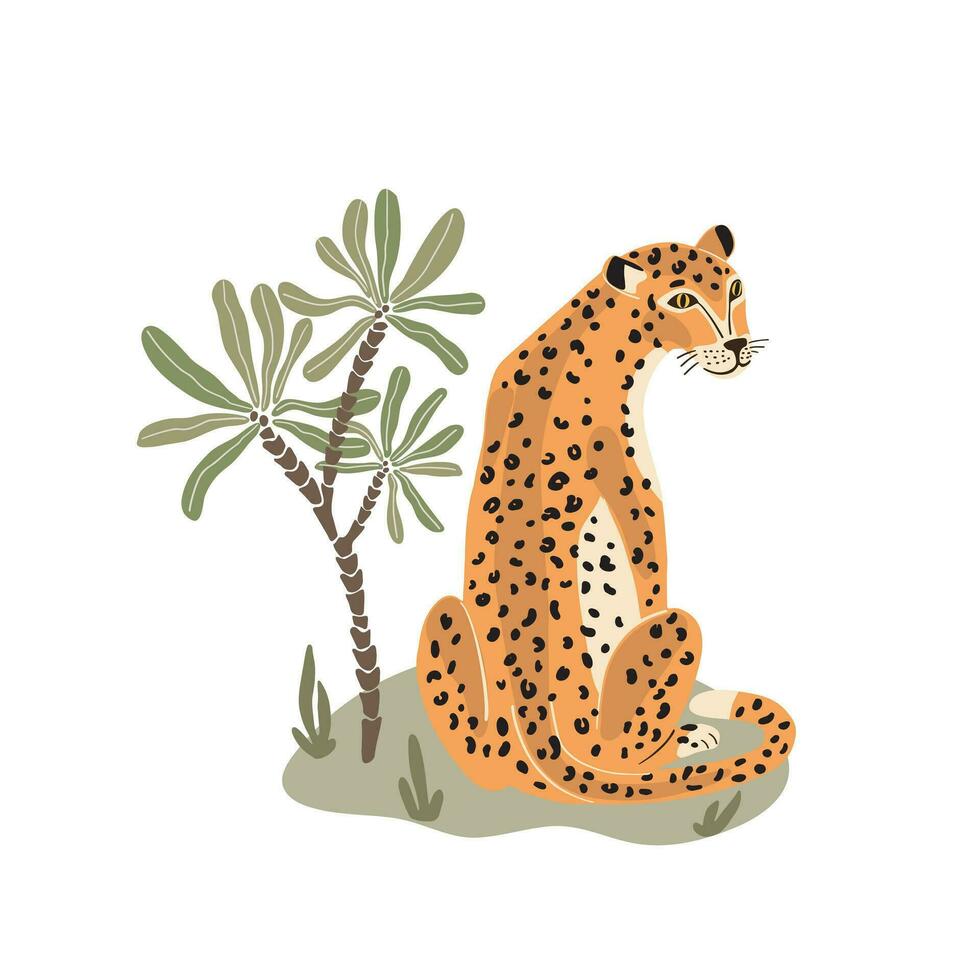 Leopard sitting on a background of nature and palm trees, vector illustration in flat style.