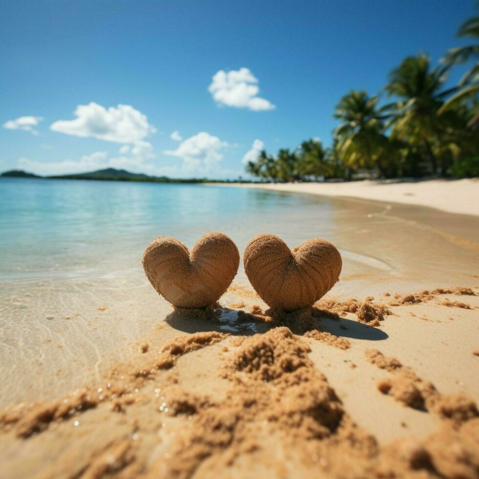 Tropical romance Sand hosts handwritten hearts against a serene beach background For Social Media Post Size AI Generated photo