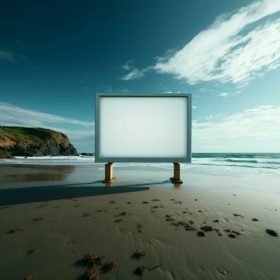 Seaside serenity Empty billboard stands against tranquil ocean backdrop on sandy shore For Social Media Post Size AI Generated photo