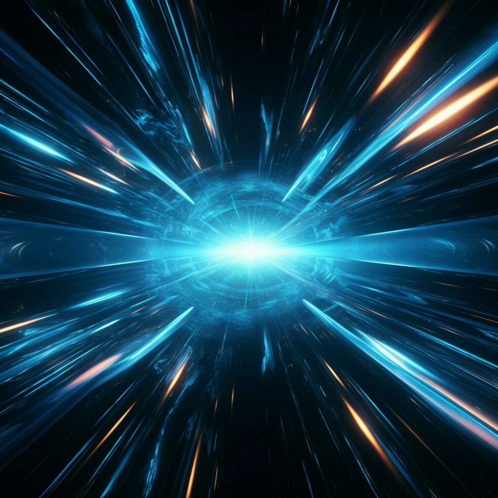 Futuristic 3D rendering Blue neon warp jump beams in space tunnel For Social Media Post Size AI Generated photo