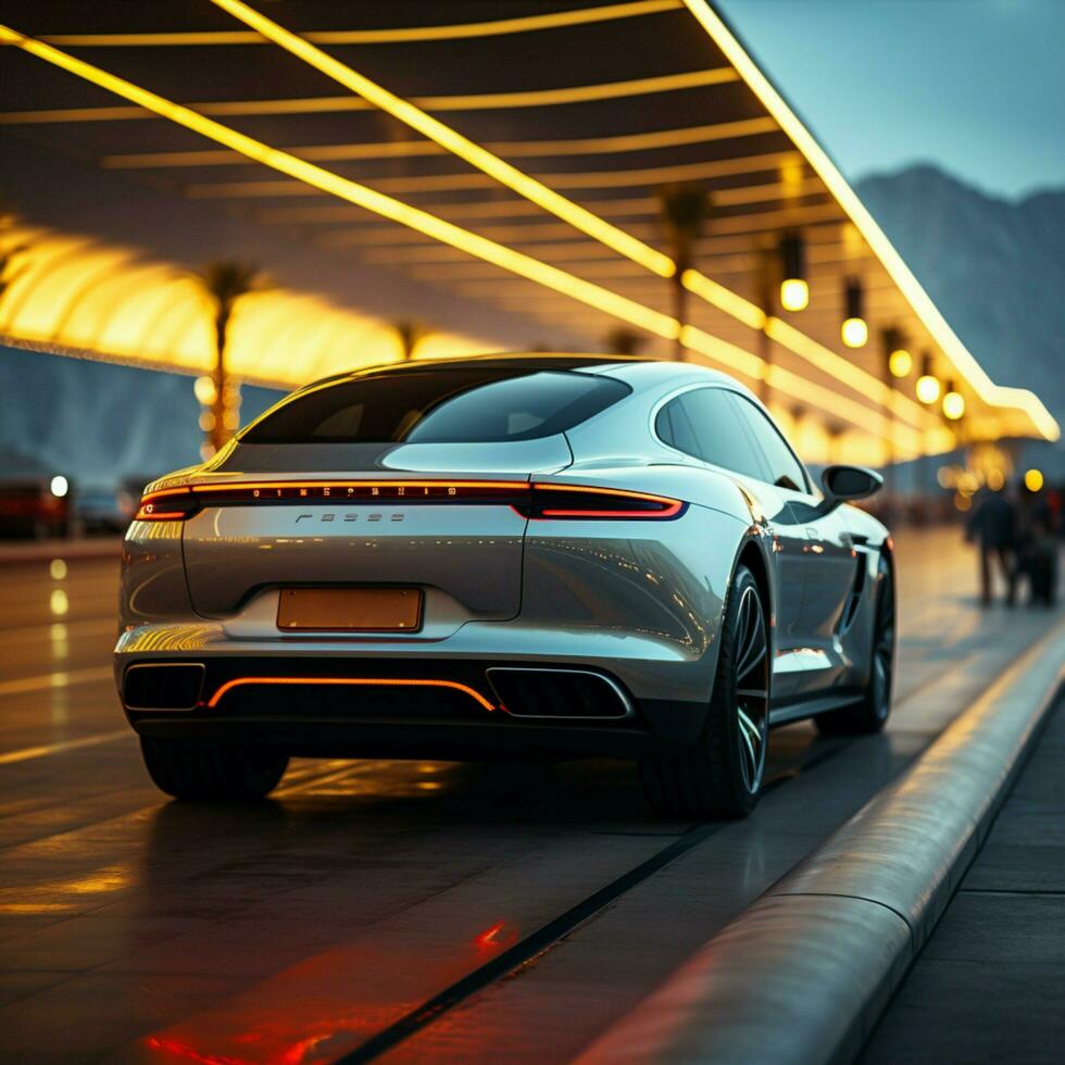 Cars side view, road light Close up showcases sleek white vehicle and pathway glow For Social Media Post Size AI Generated photo