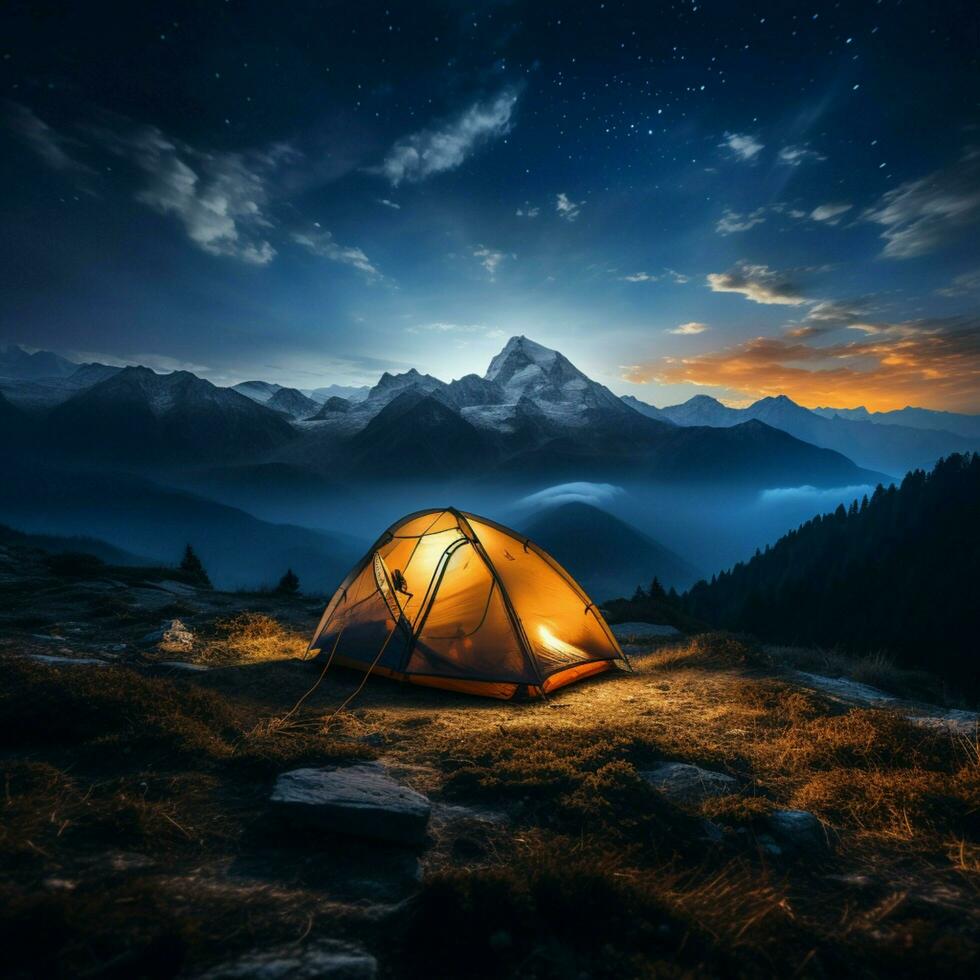 Starry summit camping Tent pitched high, immersed in mountainous nocturnal grandeur For Social Media Post Size AI Generated photo