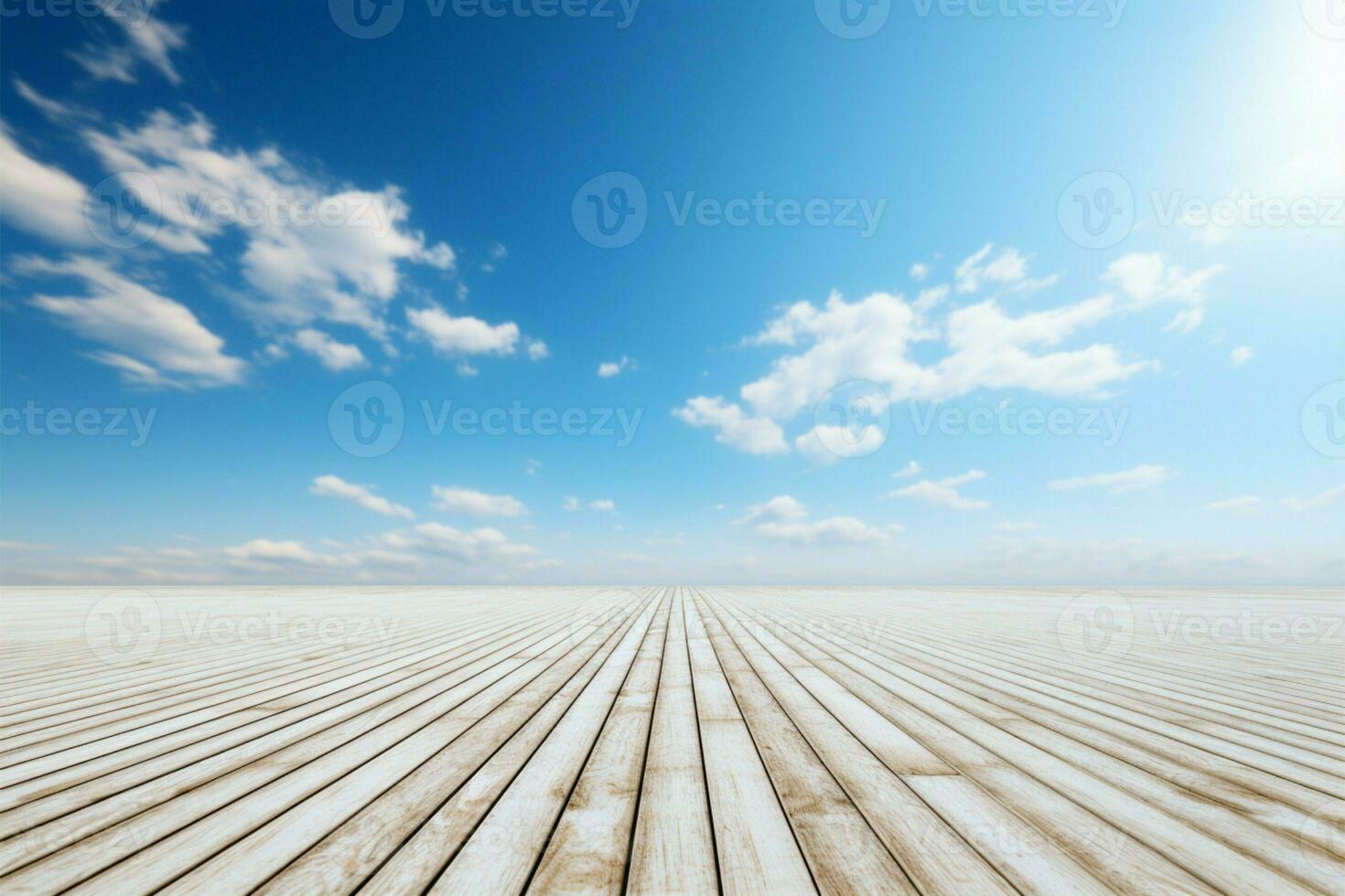 Wooden flooring seamlessly transitions into the vast, blue sky background AI Generated photo