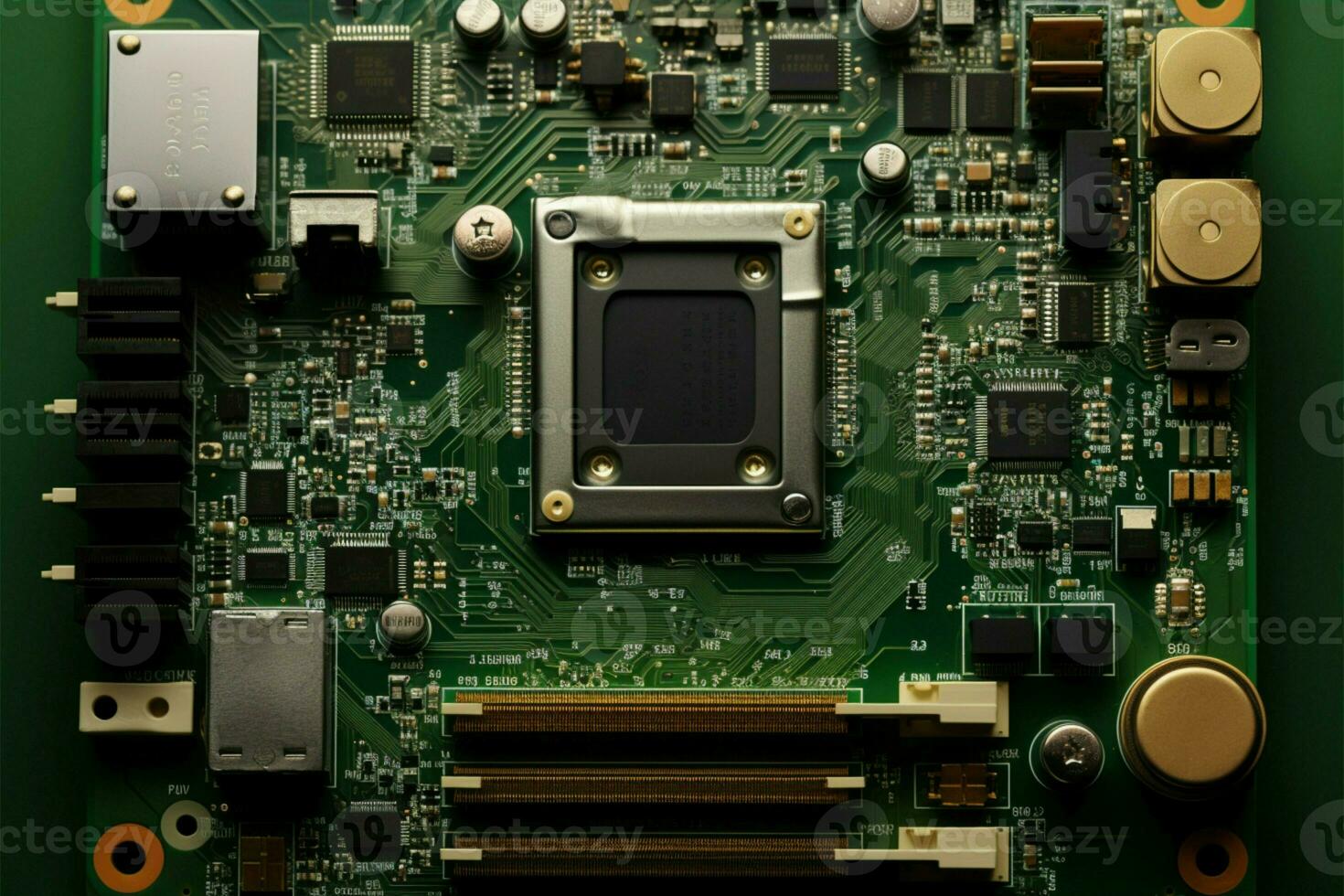 Overhead view of Bradesko GPU board, accentuated by its green framing AI Generated photo