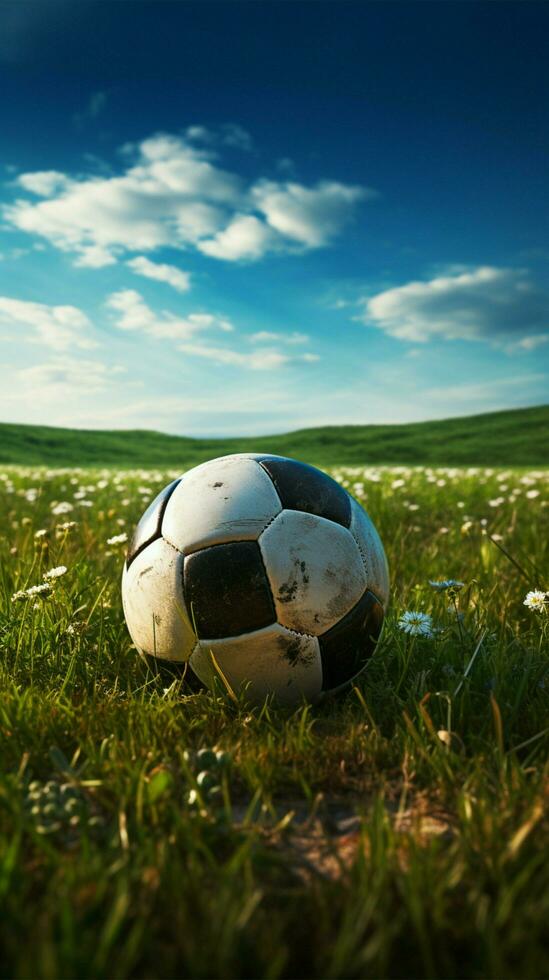 Field anticipation, Soccers essence, ball poised, ready for dynamic action Vertical Mobile Wallpaper AI Generated photo