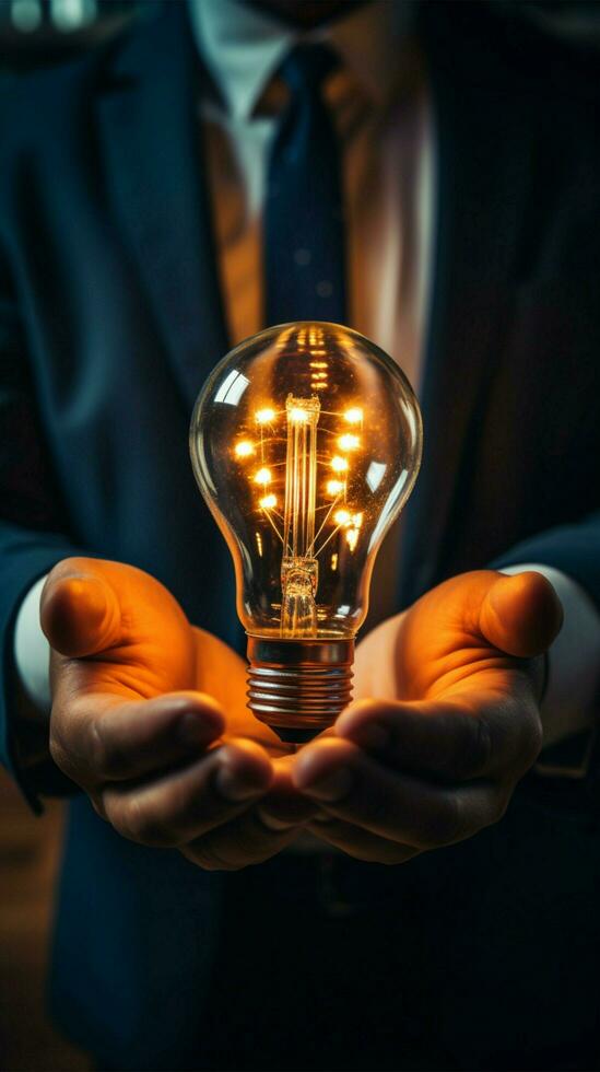 Office executive holds light bulbs, sparking innovation and inspiration Vertical Mobile Wallpaper AI Generated photo