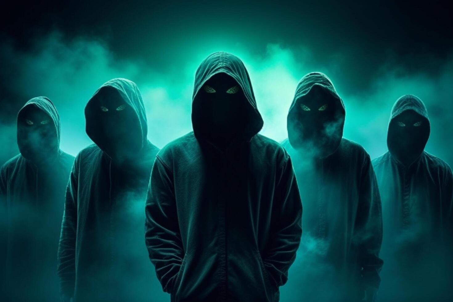 Group of hooded men in a dark forest. Dark background. photo