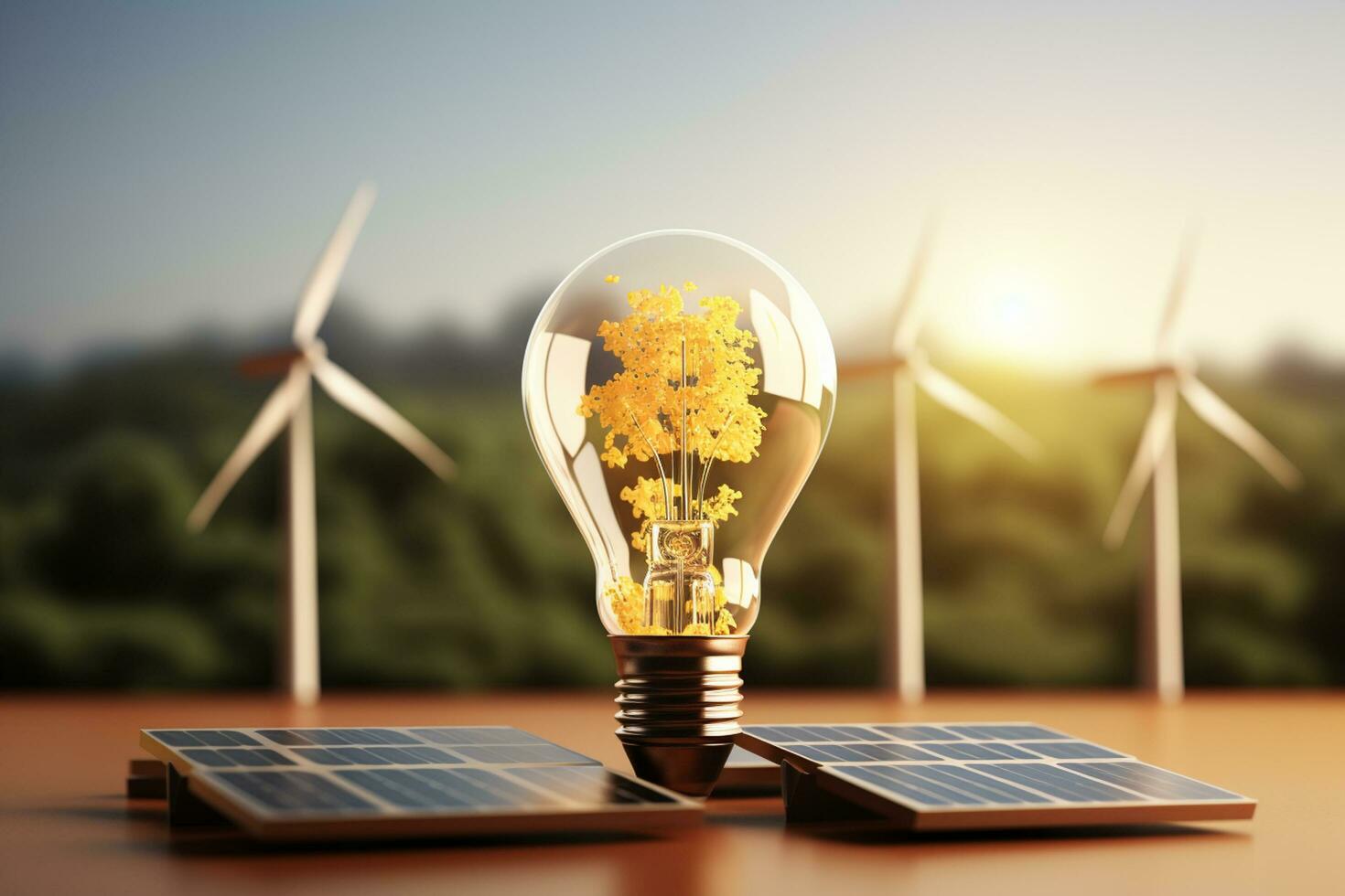 Energy saving light bulb with solar panel and wind turbines in the ... Energy saving light bulb with solar panel and wind turbines in the ...