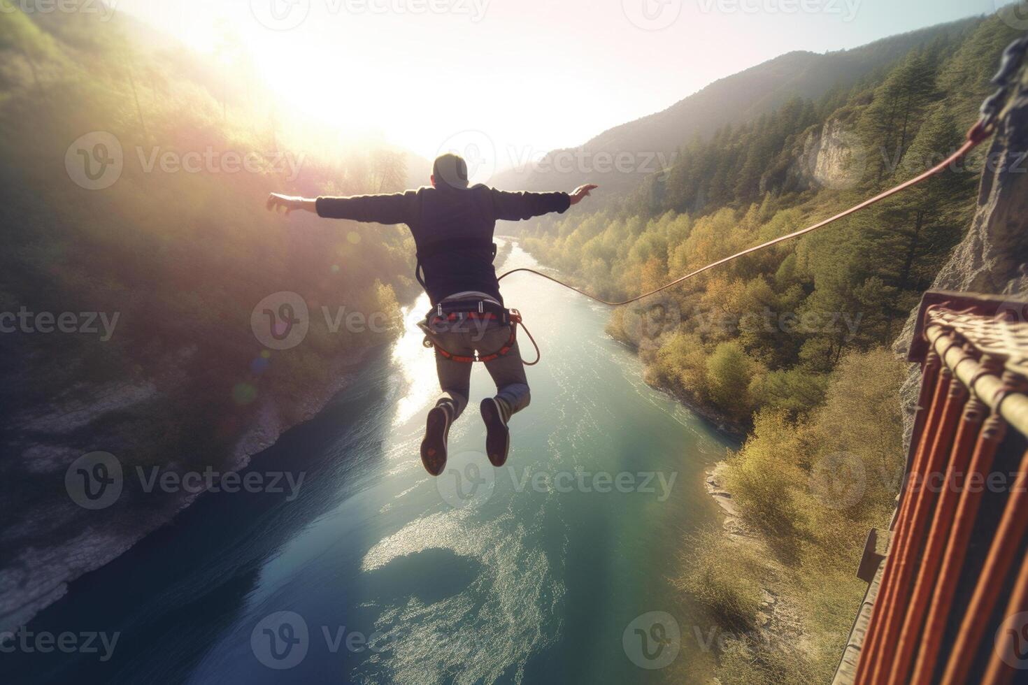 aéreo ver de un hombre saltando terminado el puente a amanecer. ai generado foto