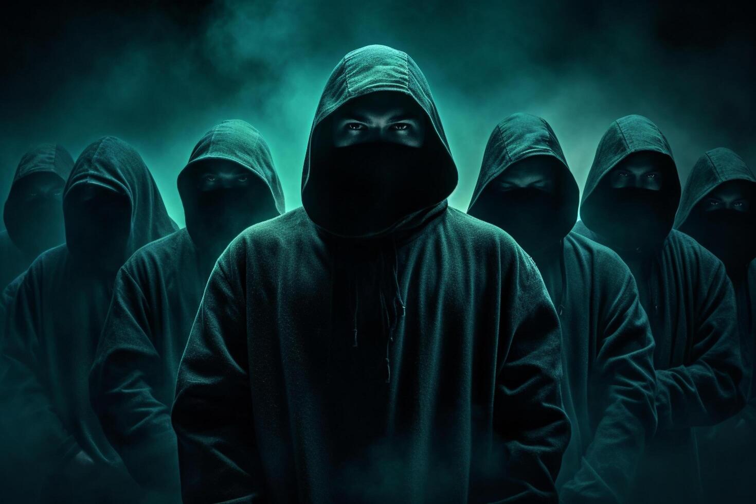 Group of hooded men in a dark forest. Dark background. photo