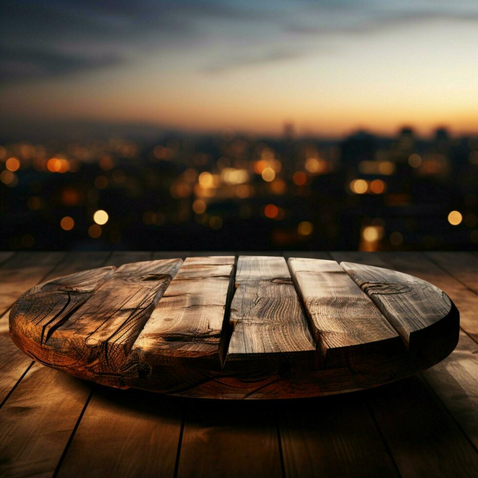 Table in natural spotlight Vacant wooden platform ready for product montages outdoors For Social Media Post Size AI Generated photo