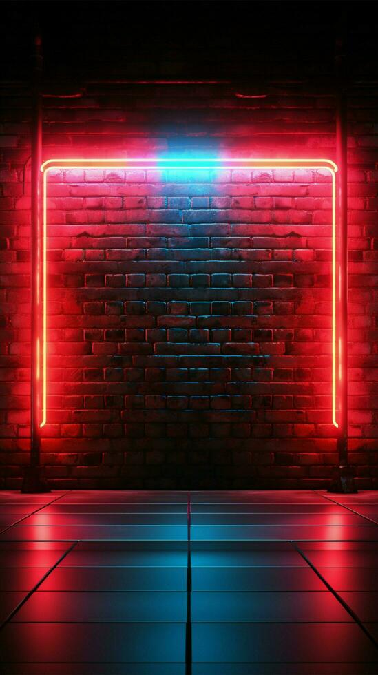 Glowing neon accentuates a long billboard on a retro brick wall Vertical Mobile Wallpaper AI Generated photo