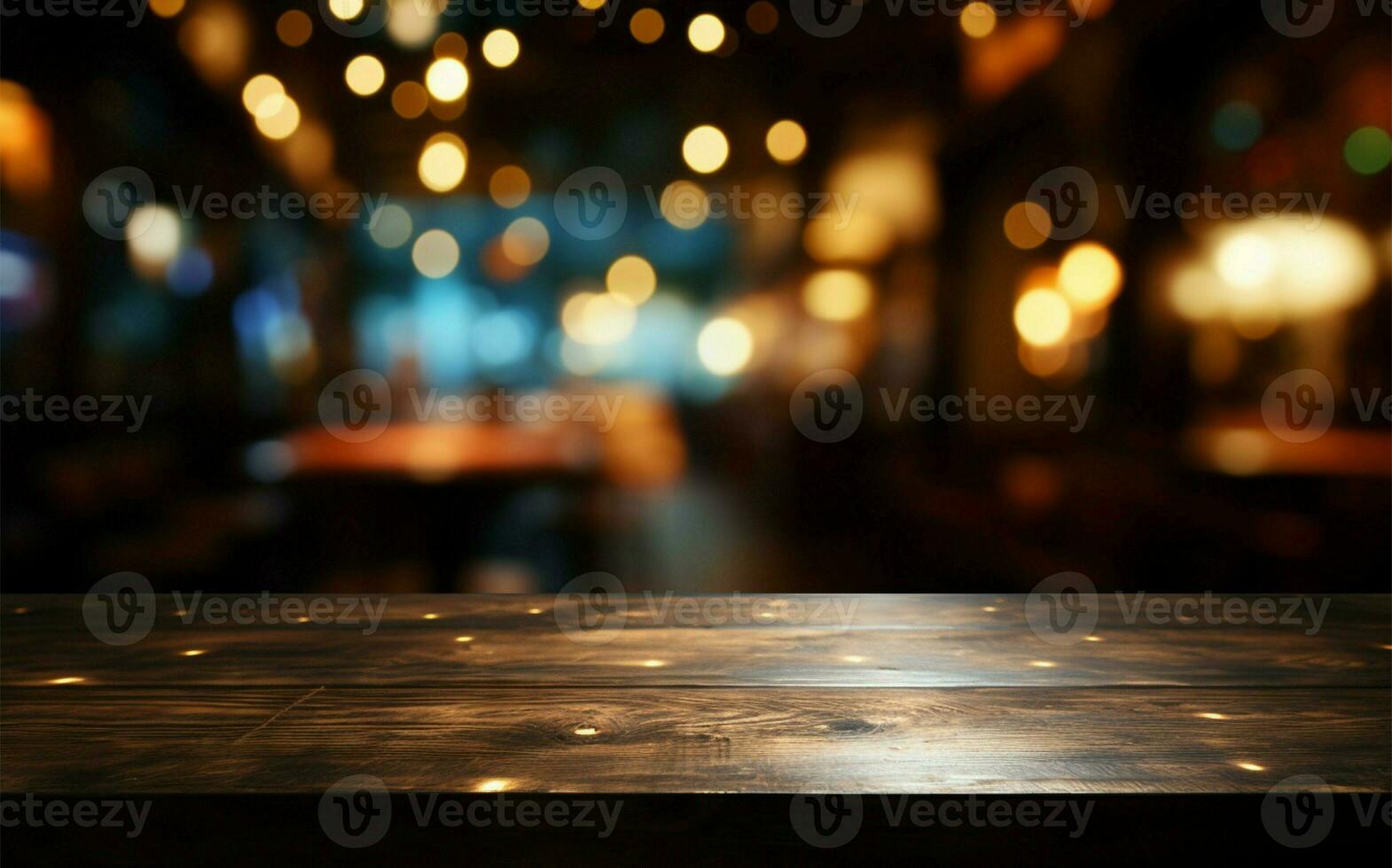 versátil burlarse de arriba espacio oscuro de madera mesa en contra restaurantes bokeh fondo ai generado foto