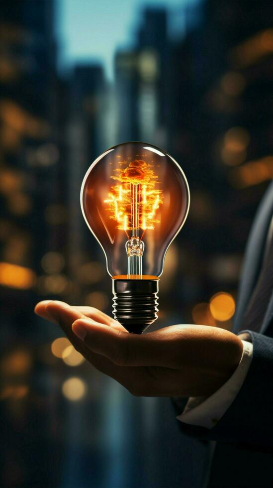 Business leader holds luminous lightbulb, embodying innovation and strategic insight Vertical Mobile Wallpaper AI Generated photo