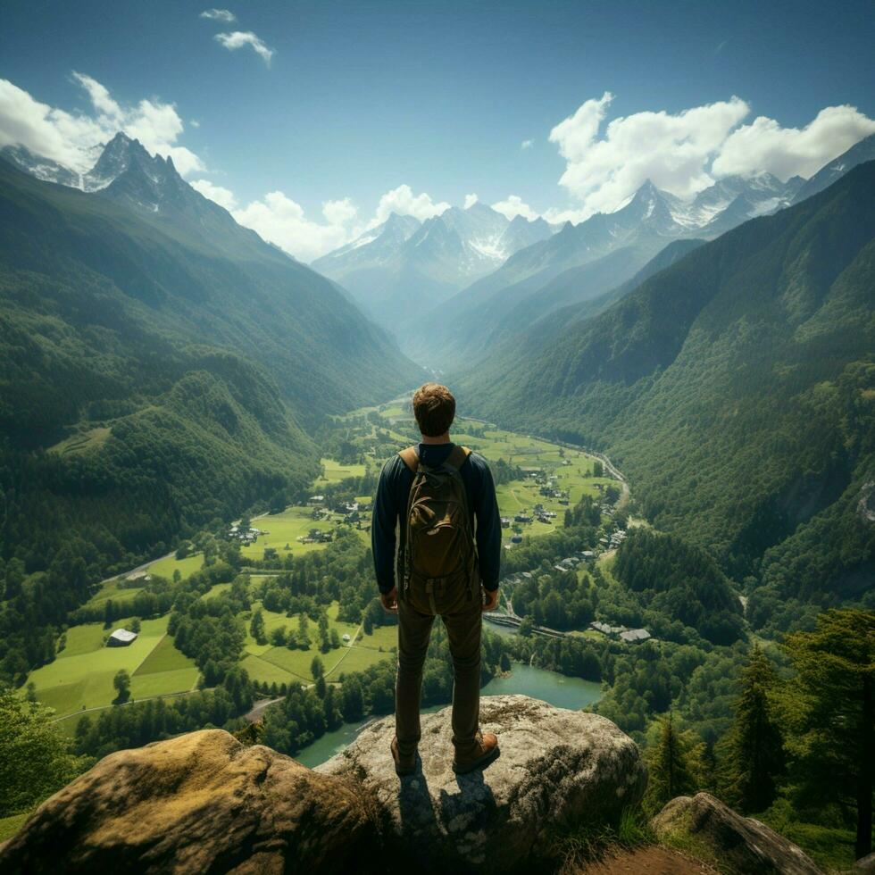 Natures marvel Active tourist on rocks, admiring lush mountains, epitomizes trekking adventure For Social Media Post Size AI Generated photo