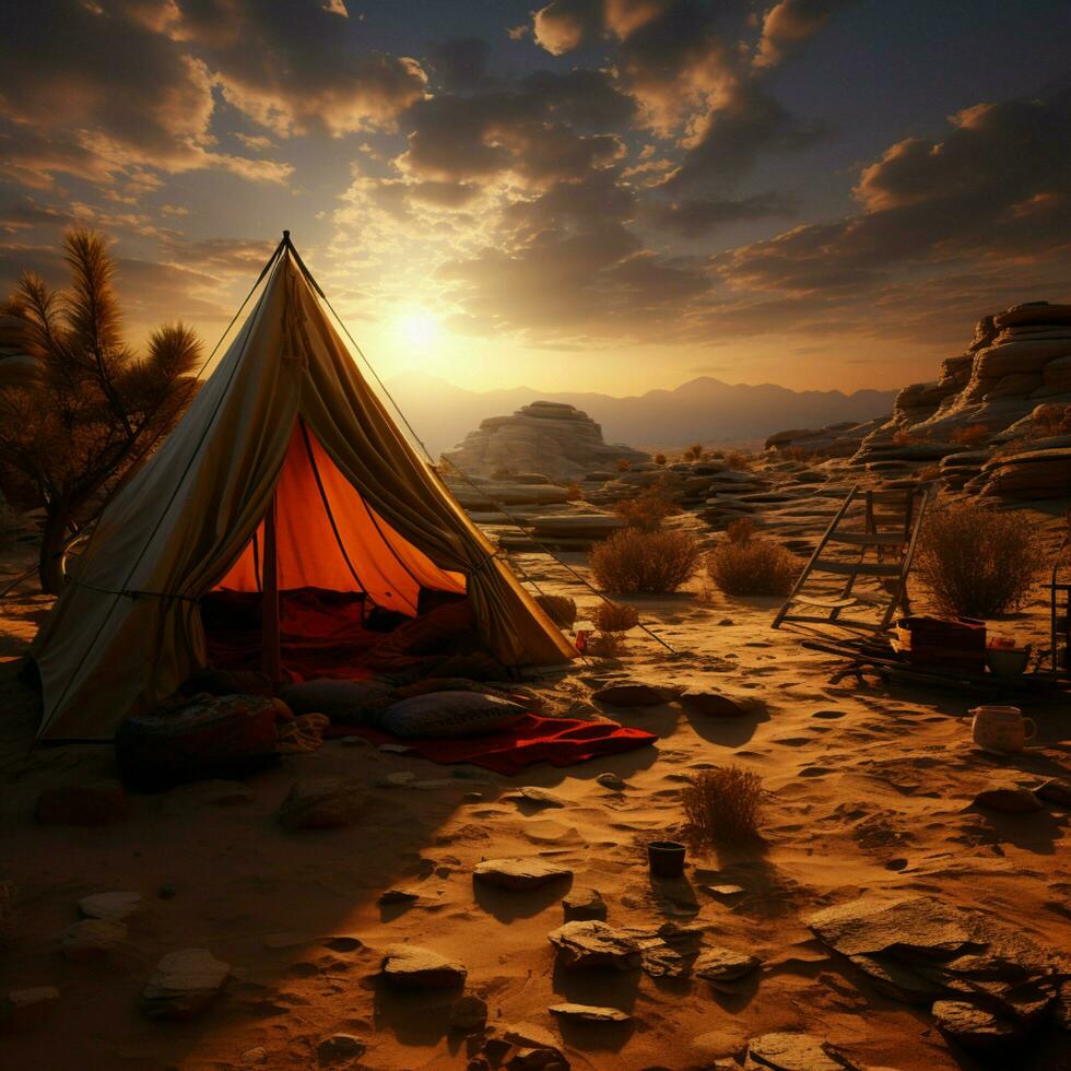 Desierto soledad acampar solo en medio de arenoso desierto, lejos desde bullicioso mundo para social medios de comunicación enviar Talla ai generado foto
