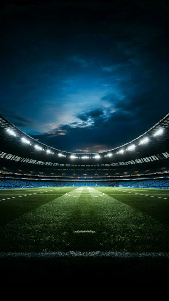 estadio focos crear un encantador atmósfera en el fútbol americano campo vertical móvil fondo de pantalla ai generado foto