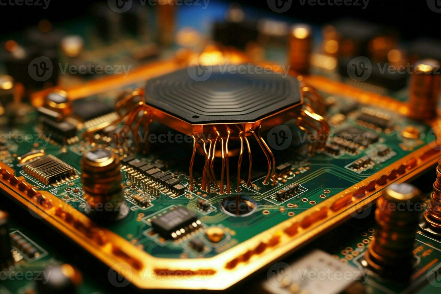 Intricate insectoid metal components enhance an extensive PCB for advanced electronics AI Generated photo