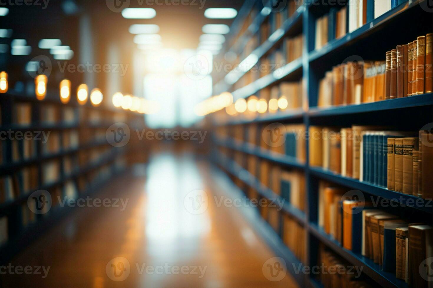 Blurred library interior with bookshelves, ideal for educational concepts AI Generated photo