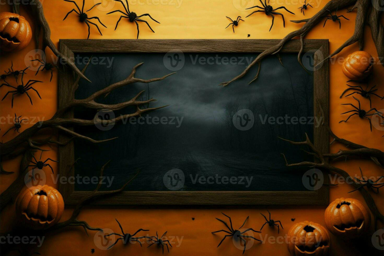 Orange Halloween background adorned with clouds, bats, and pumpkin motifs AI Generated photo