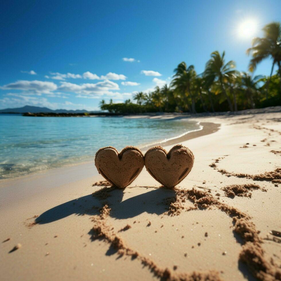 Tropical romance Sand hosts handwritten hearts against a serene beach background For Social Media Post Size AI Generated photo