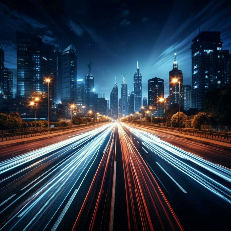 Blurred urban pulse Highway overpass in motion, cityscape background conveys bustling movement For Social Media Post Size AI Generated photo