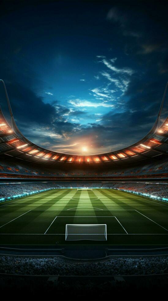 Crowded soccer stadium depicted in stunning 3D rendering with arena Vertical Mobile Wallpaper AI Generated photo