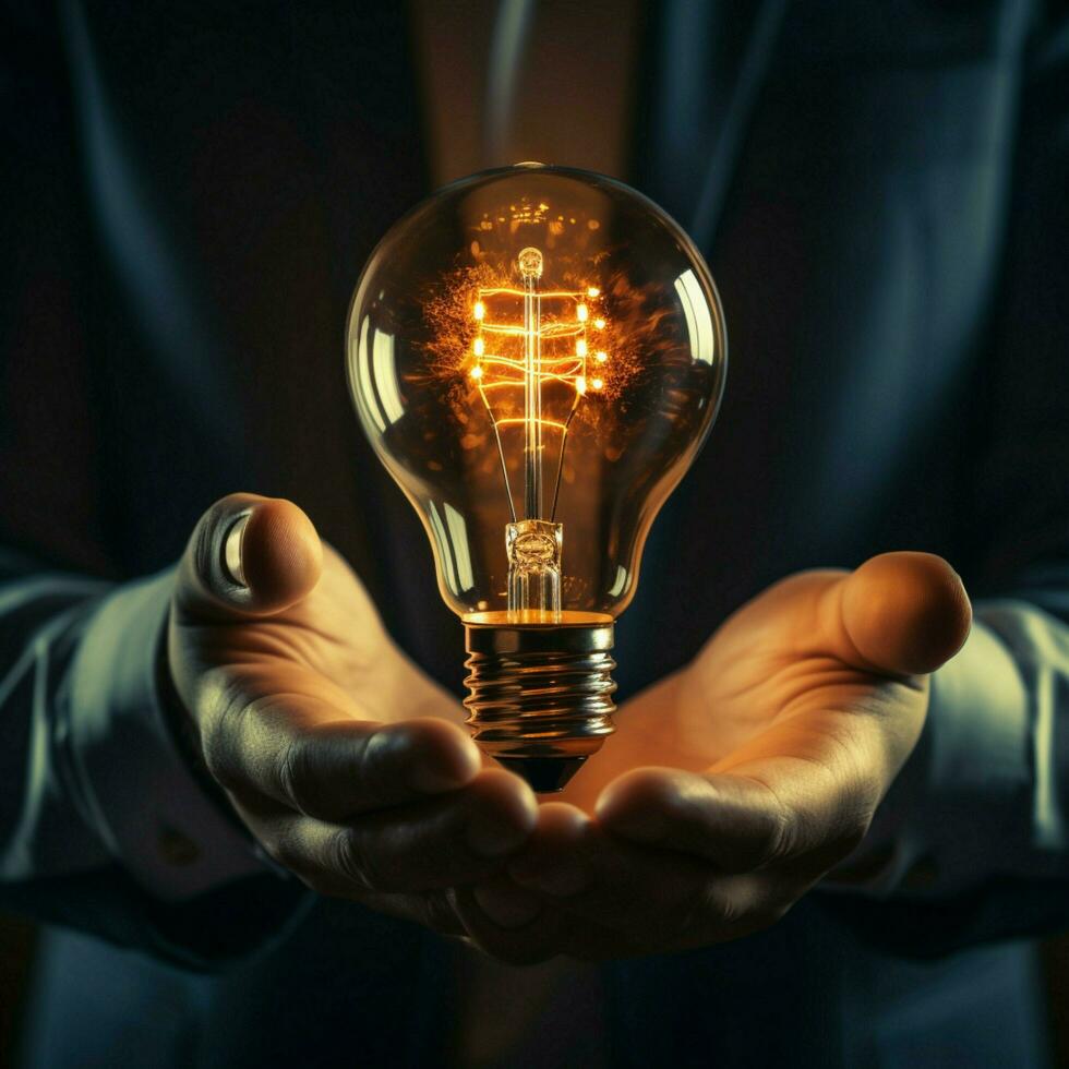 Businessmans palm clasps lightbulb and gear, epitomizing creativity and engineering For Social Media Post Size AI Generated photo