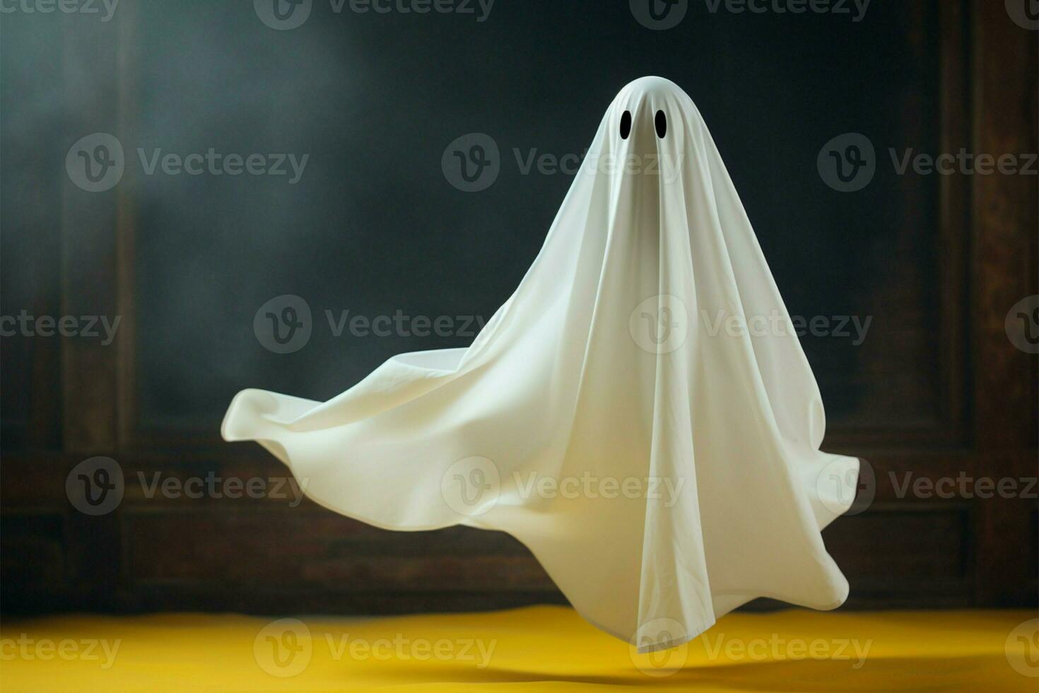 Flying ghost in a white sheet, minimal spooky Halloween scene AI Generated photo