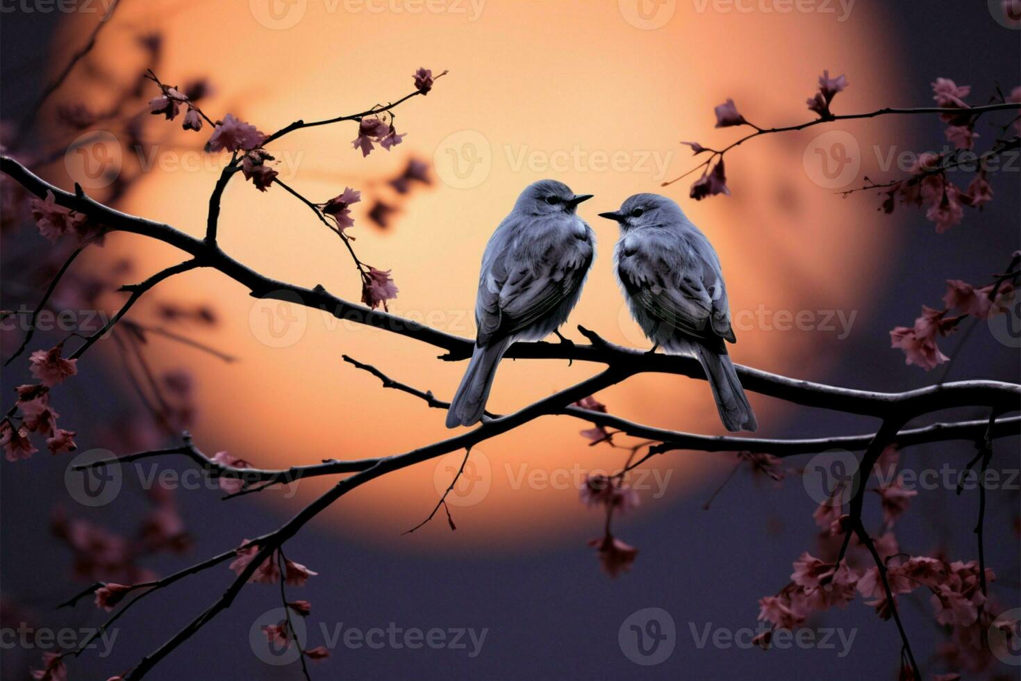 Tender silhouette Birds in love, resting on a trees limb AI Generated photo