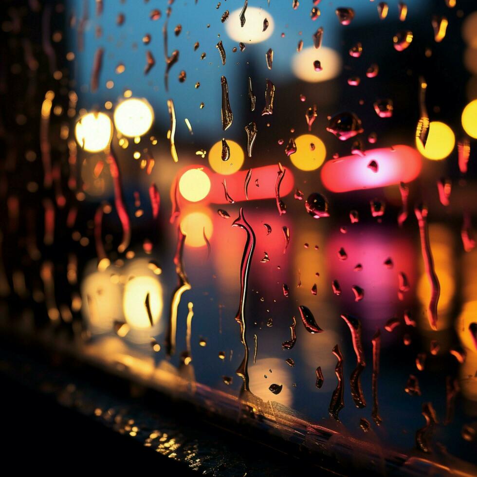 borroso ciudad luces visto mediante un ventana con vistoso gotas de lluvia para social medios de comunicación enviar Talla ai generado foto