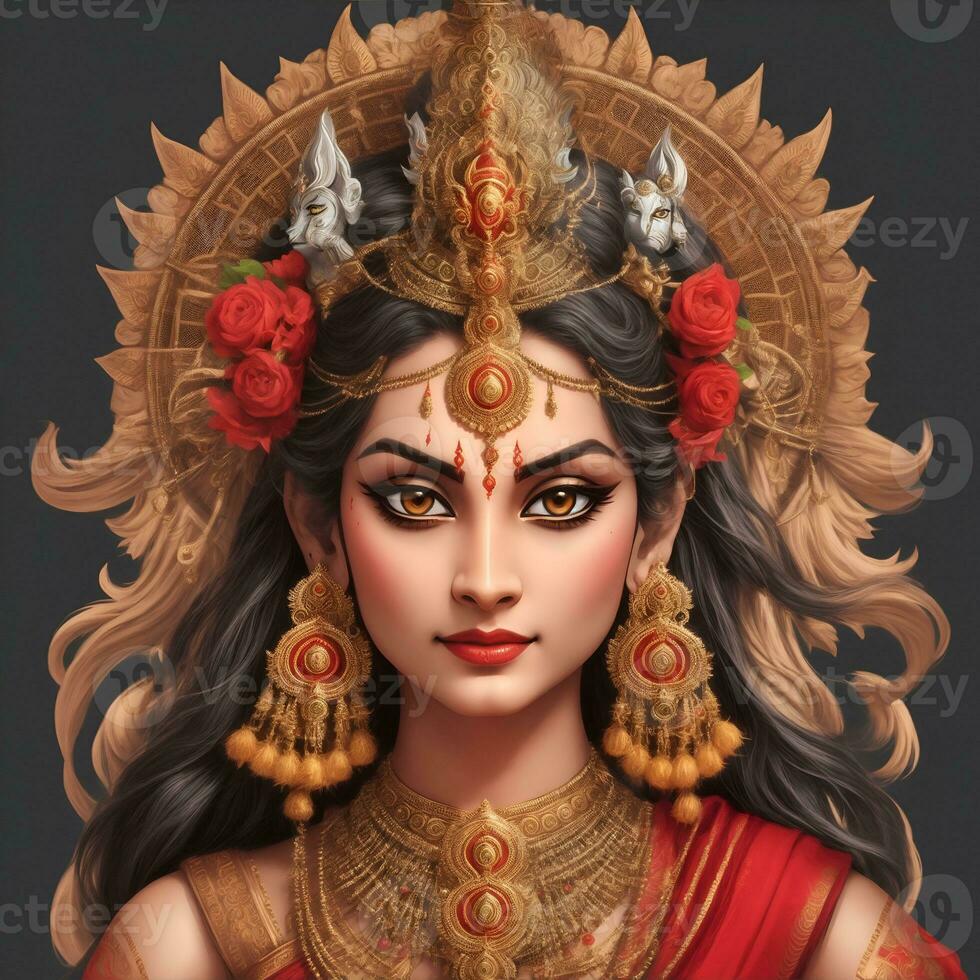 Vector illustration of Goddess Durga maa in Happy Durga Puja by AI-generated photo