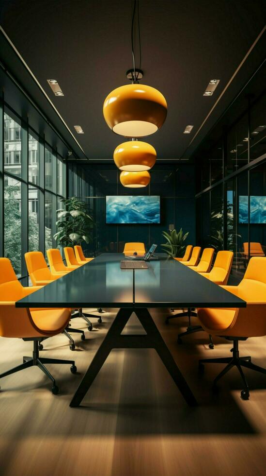 Stylish boardroom black table, swivel chairs, flat screen TV, mustard curtains Vertical Mobile Wallpaper AI Generated photo