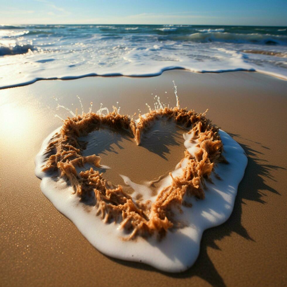 Coastal sentiment Heart drawn on beach sand, embraced by rolling wave backdrop For Social Media Post Size AI Generated photo