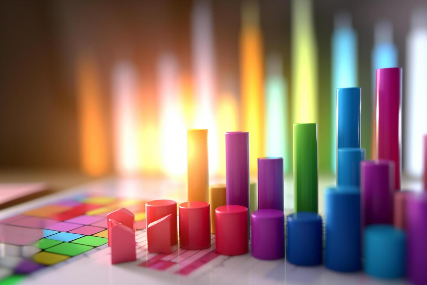 financial graph on table with colorful light background, business and finance concept photo