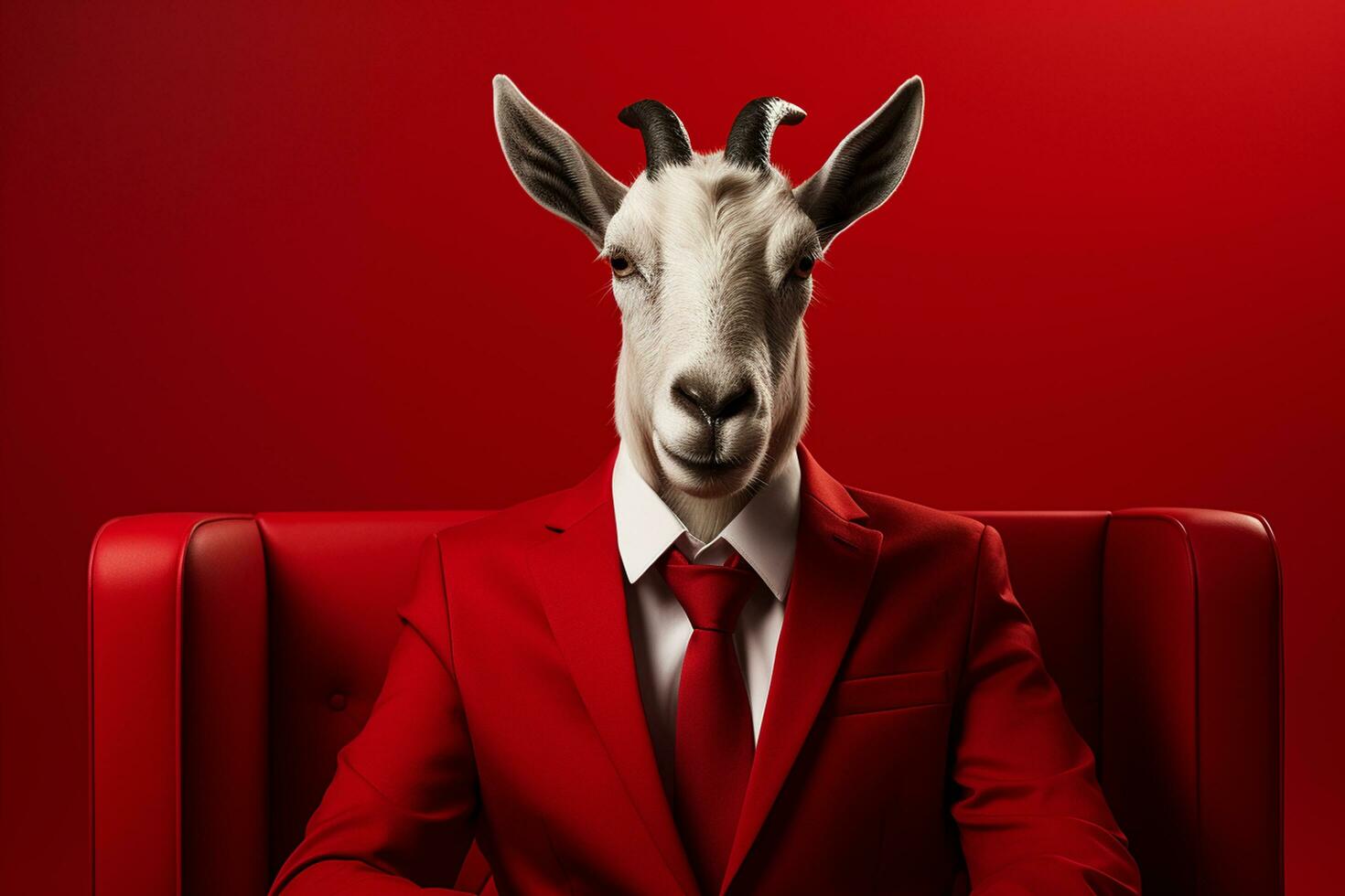 Businessman portrait of goat in suit and tie on isolated red background Ai Generated photo