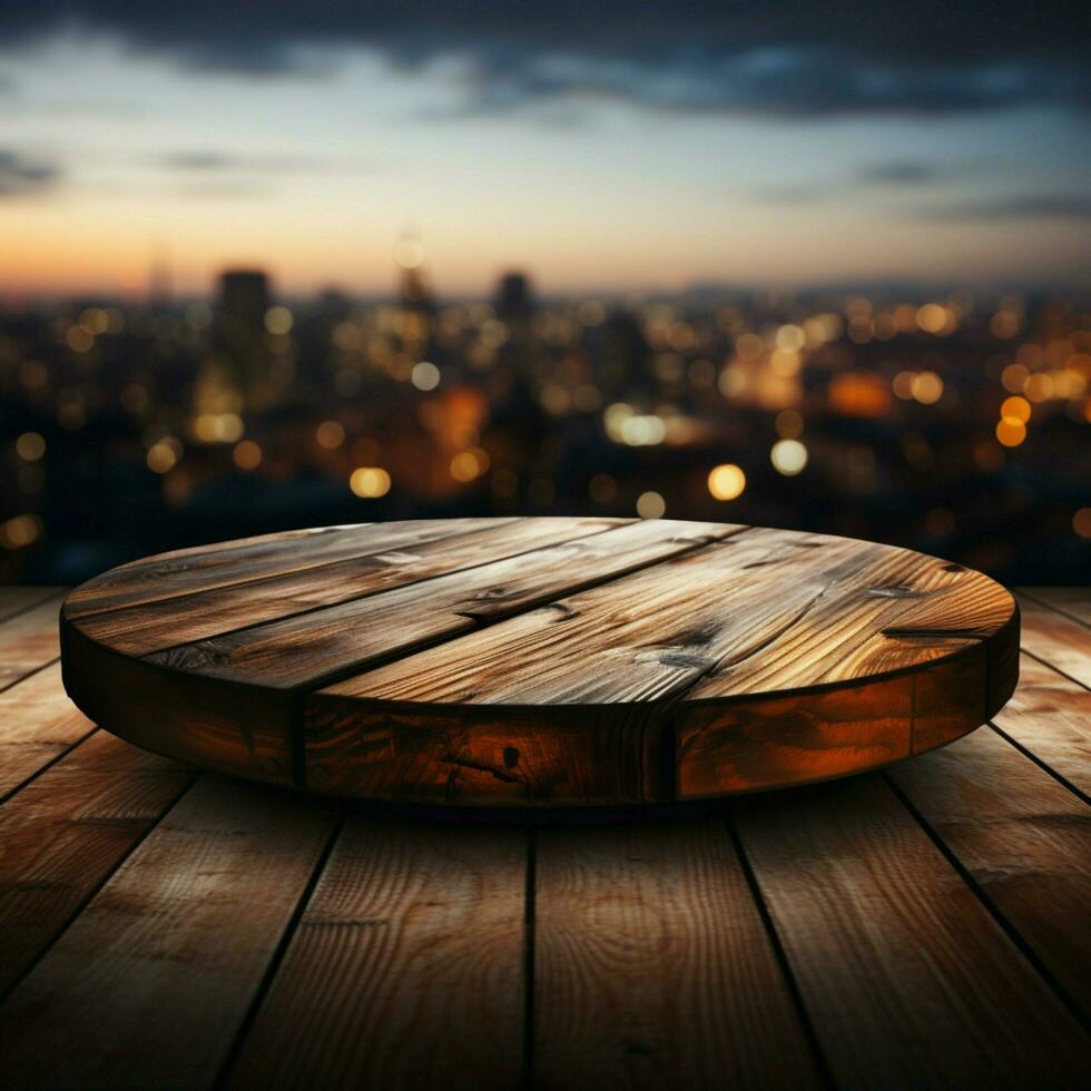 Table in natural spotlight Vacant wooden platform ready for product montages outdoors For Social Media Post Size AI Generated photo