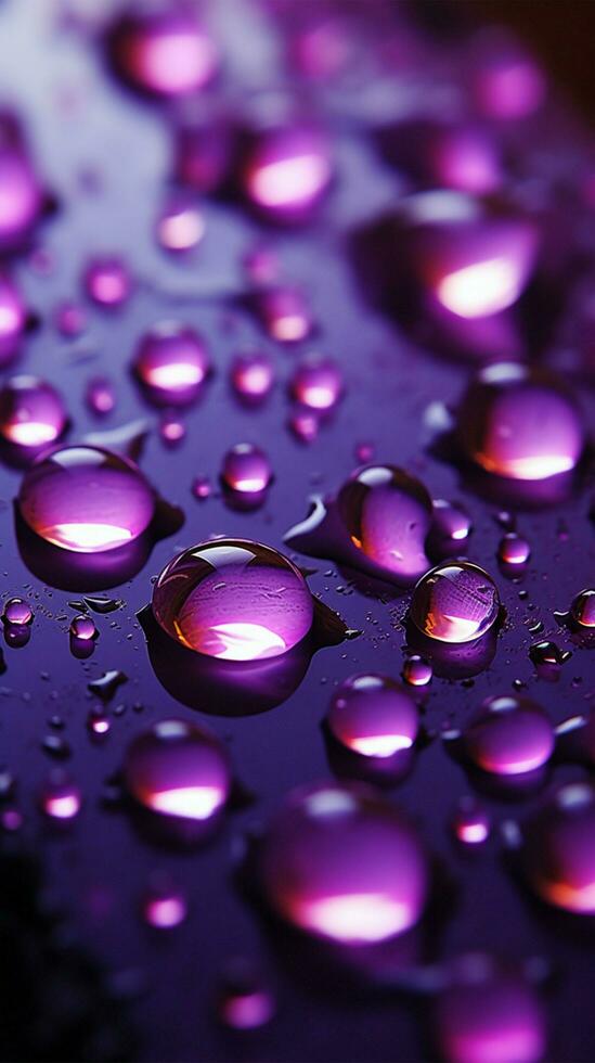 púrpura ligero Destacar cerca arriba gotas de lluvia en el ventanas superficie vertical móvil fondo de pantalla ai generado foto