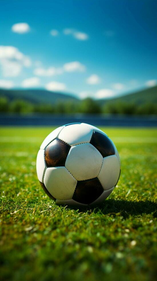 un fútbol pelota en contra un pintoresco fútbol campo antecedentes vertical móvil fondo de pantalla ai generado foto