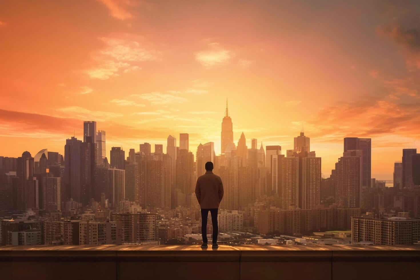 Man looking at the skyscrapers of buildings City at sunset photo