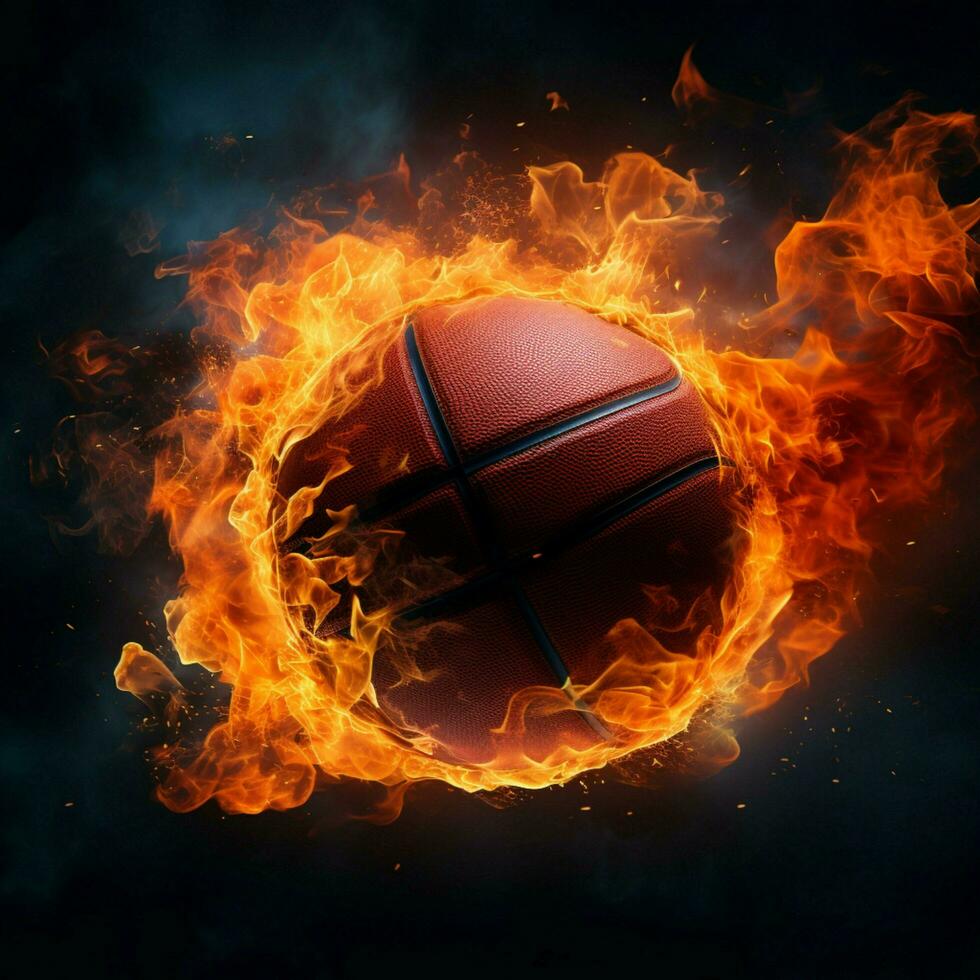 baloncesto se enciende, un flameante pelota Razas hacia el aro con intensidad para social medios de comunicación enviar Talla ai generado foto