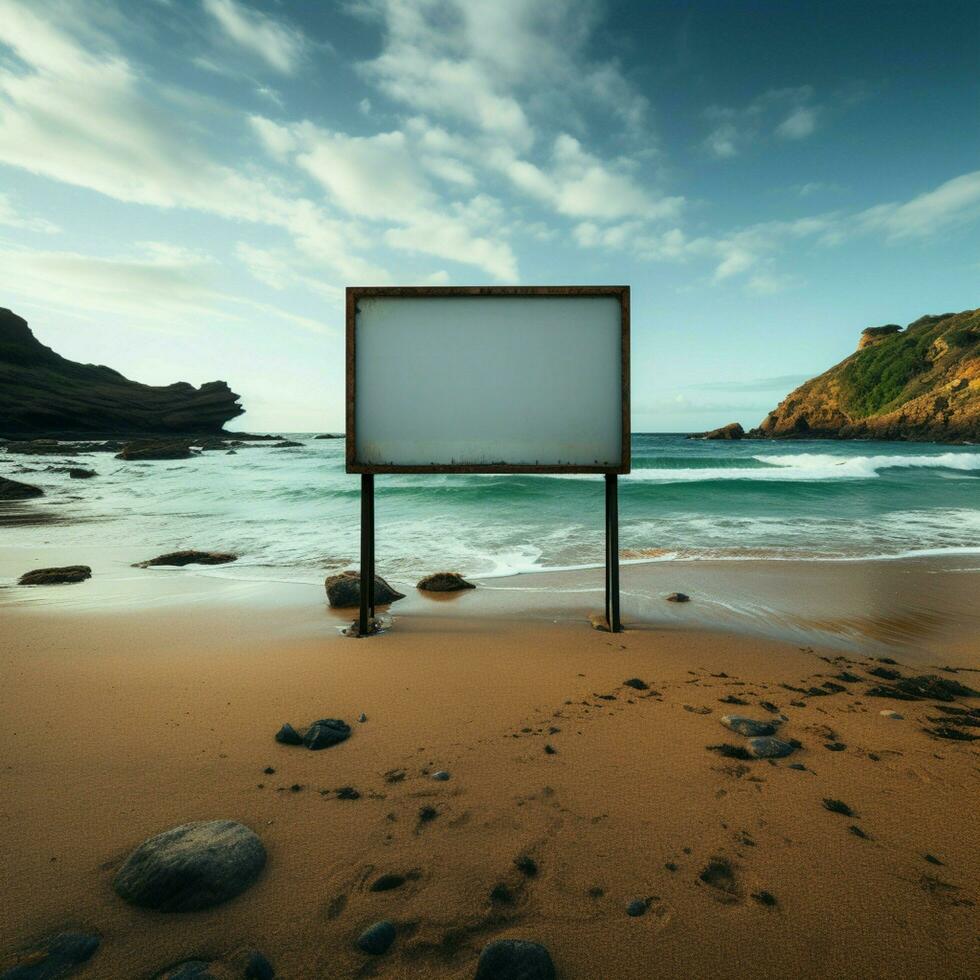 Marine billboard canvas Empty frame set on beach with ocean panorama For Social Media Post Size AI Generated photo