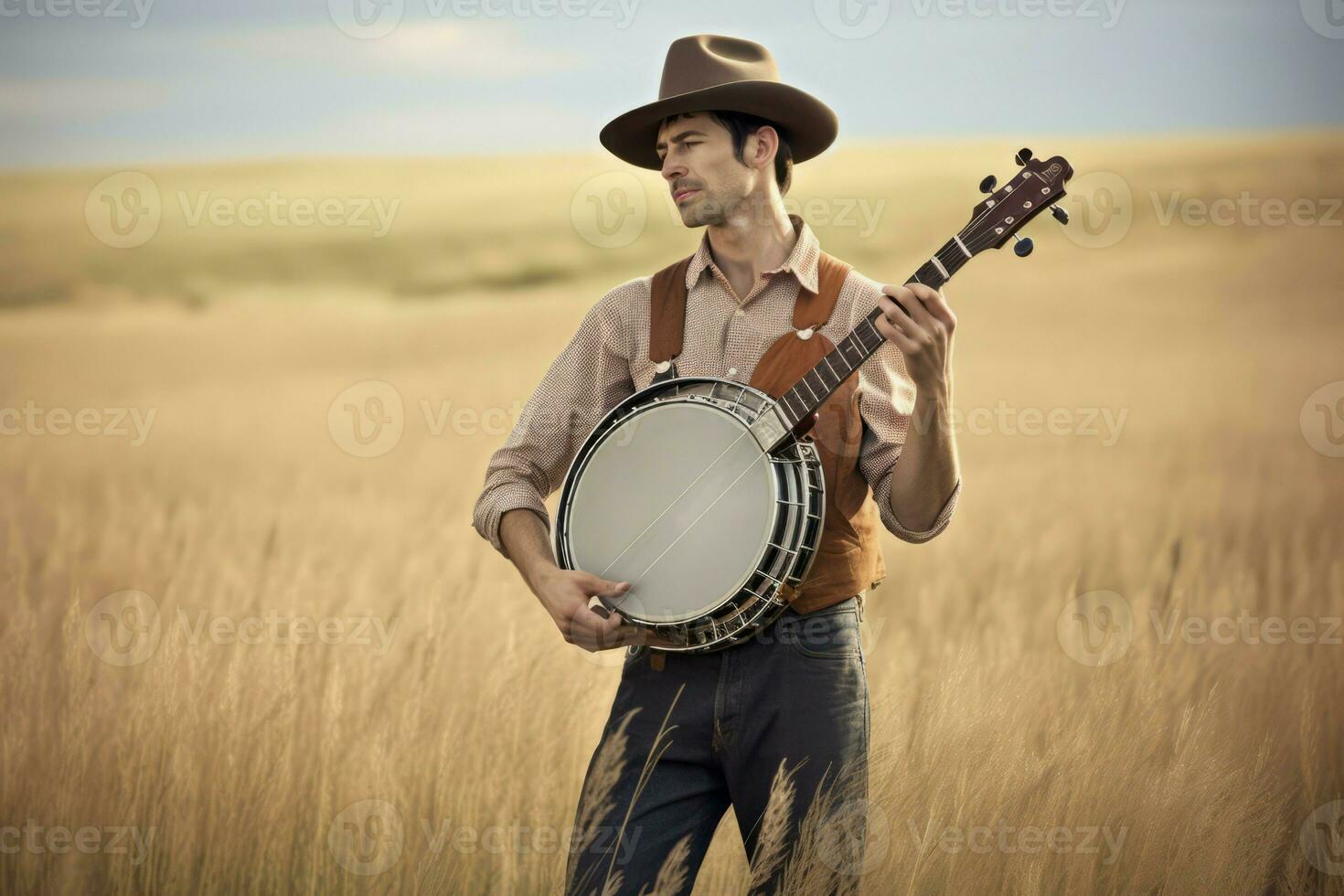 hermoso país cantante vaquero sombrero en trigo campo. generar ai foto