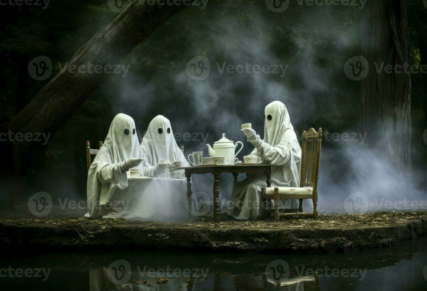 Vintage Ghosts take tea picnic house. Generate Ai photo