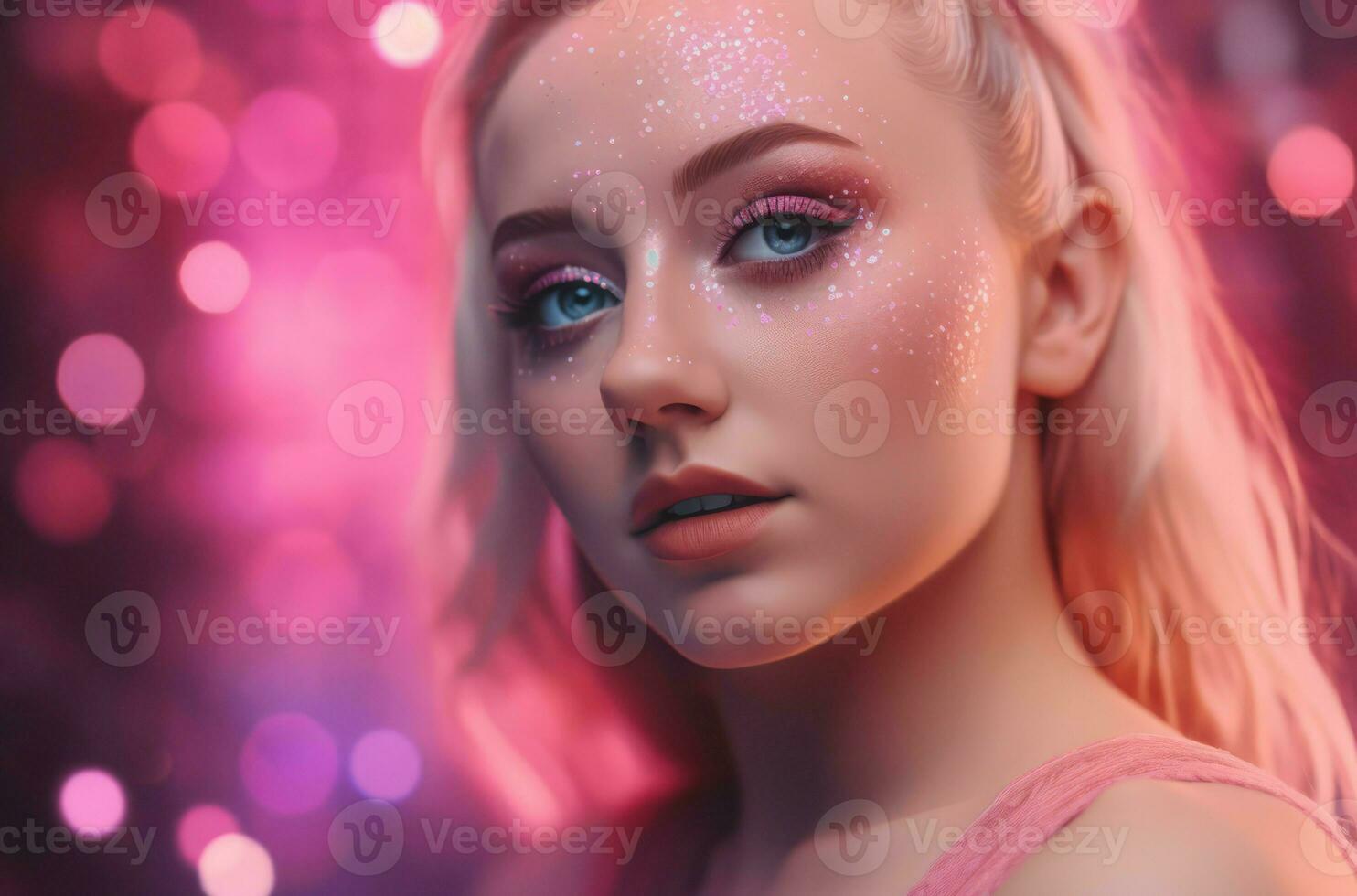 Woman model with pink glitter face makeup. Generate ai 33117483 Stock