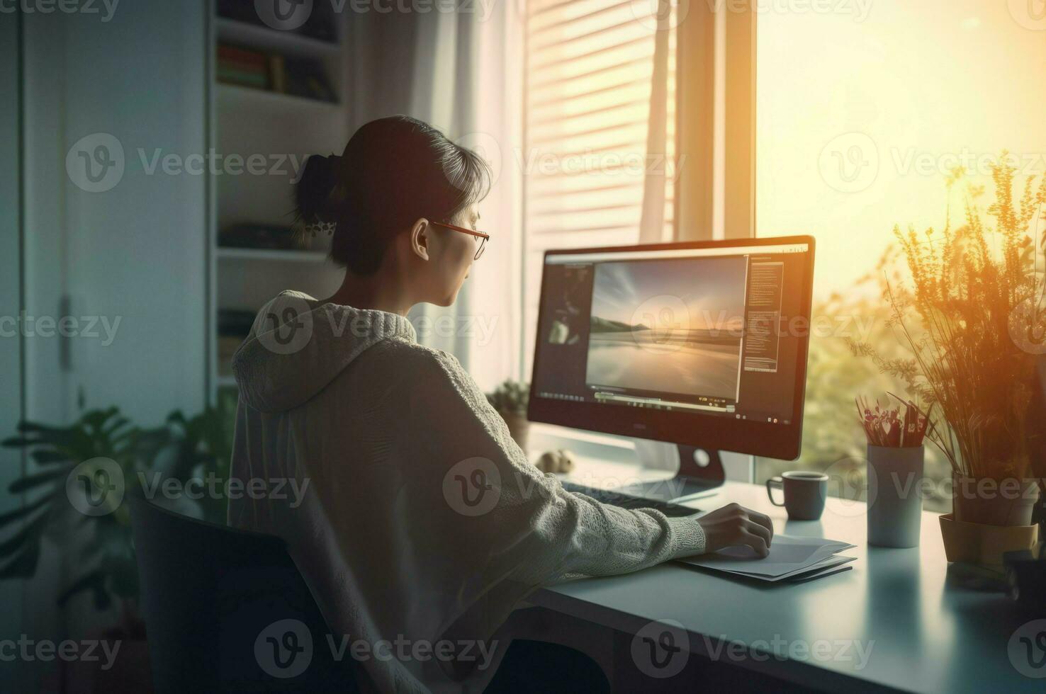 mujer en casual paño sentado a escritorio computadora. generar ai foto